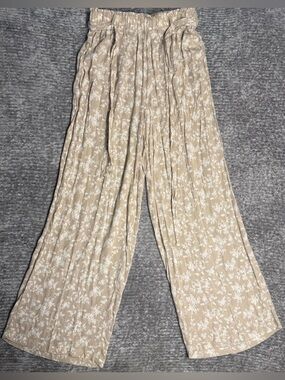 Francesca’s Jordan Floral Wide Leg Pants Paperbag Elastic Waist Tan M NWT